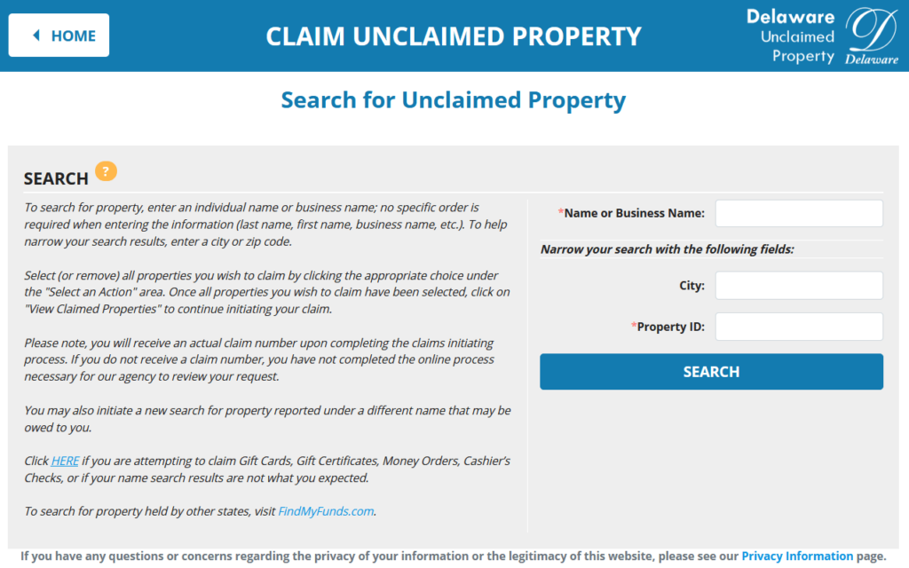 Claim Unclaimed Property in Delaware Step 1
