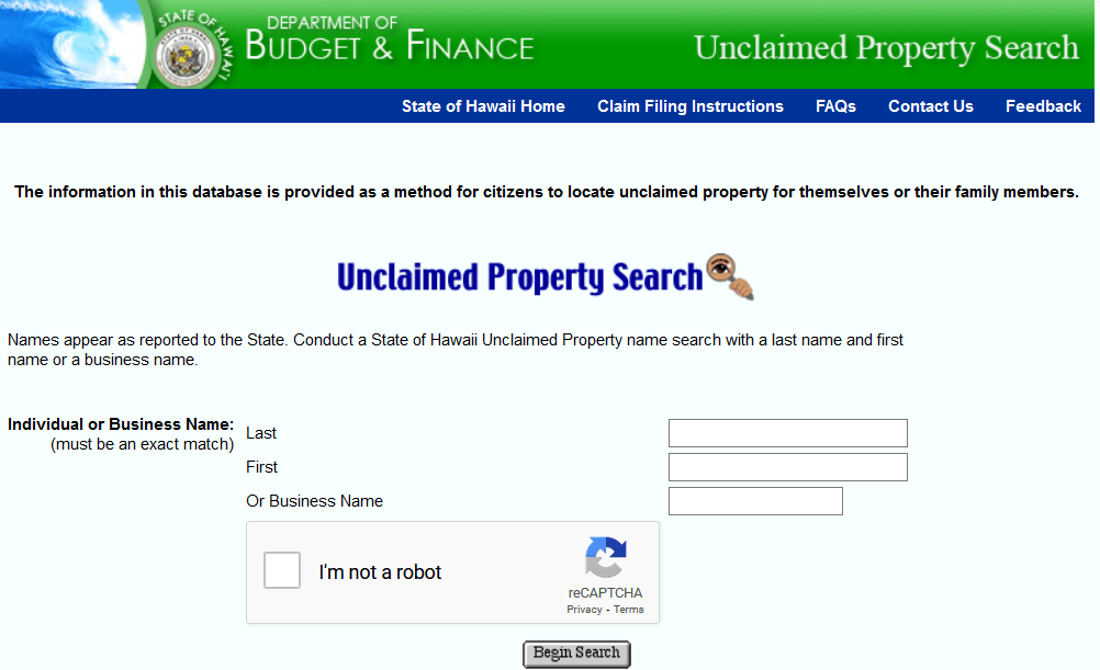 Hawaii Unclaimed Property Database