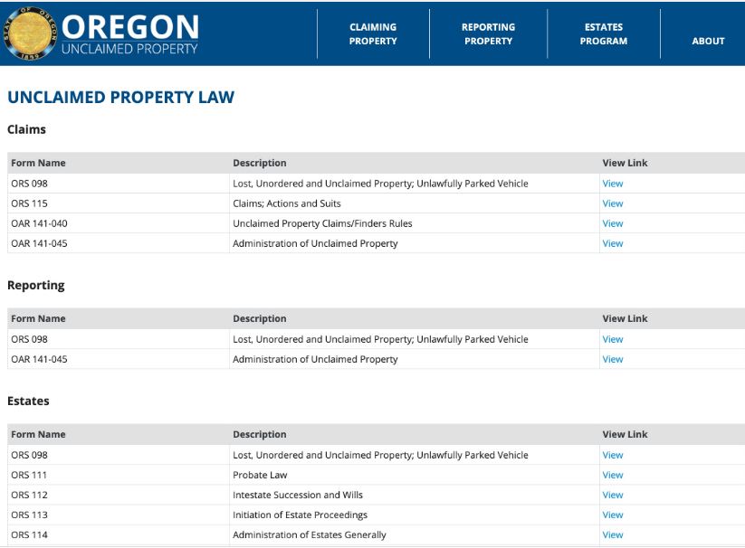 Oregon Unclaimed Property Laws