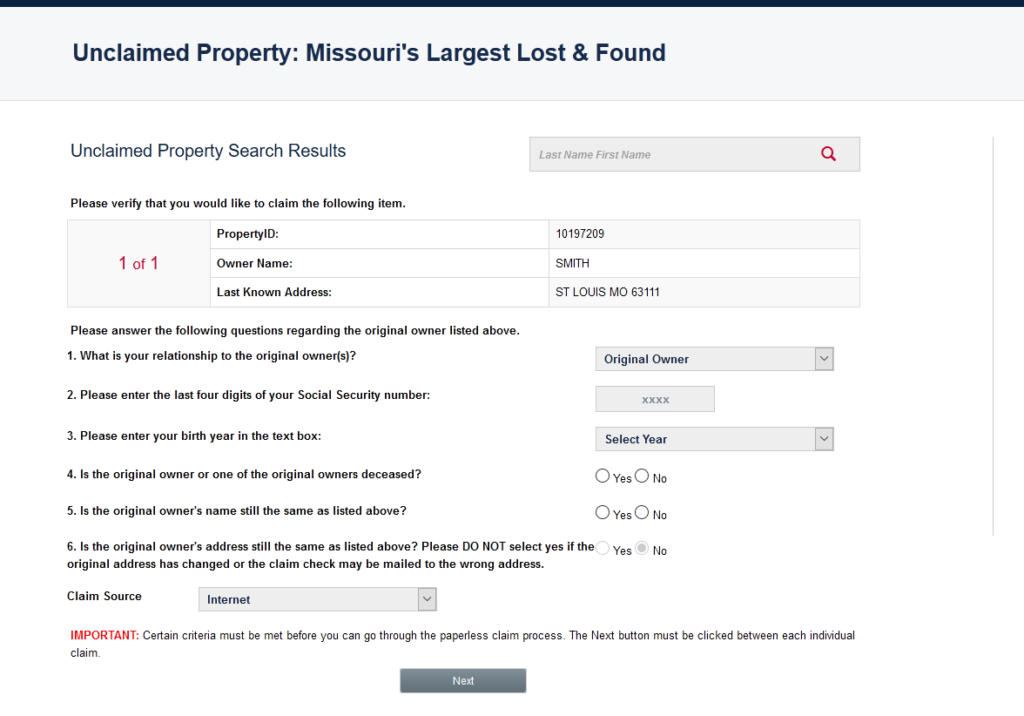 Finding Unclaimed Money in Missouri and Filing a Claim Step 4